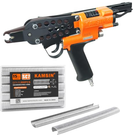 Kamsin K-SC7E Pneumatisches Schweineringpistolen-Set, 1,9 cm (3/4 Zoll) C-Ring-Heftgerät mit 1000 Heftklammern (7–8 mm Verschluss), luftbetrieben für Drahtkäfige, Zäune, Tierfallen
