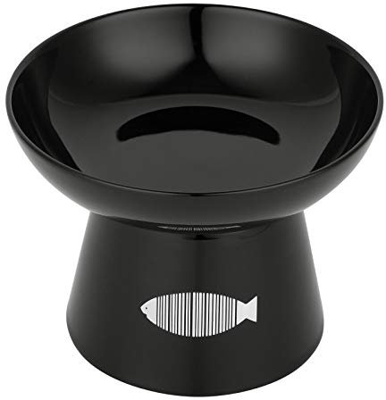 Yangbaga Cat Raised Food/Water Bowl for Elder Big Cats, Non-Skid 4.8x6.4in Premium Ceramic Cat Bowls with Stand, Sturdy and Anti-Fall… (Black)