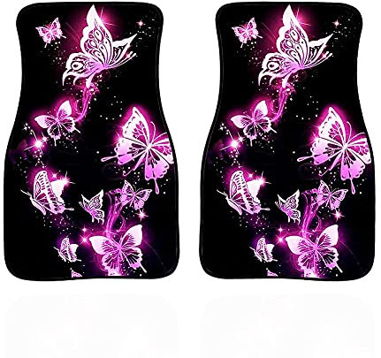 Biyejit Lot de 2 tapis de sol de voiture pour femme - Motif papillon rose - Antidérapants - Conviennent à la plupart des voitures - Protection contre les intempéries - Ajustement universel