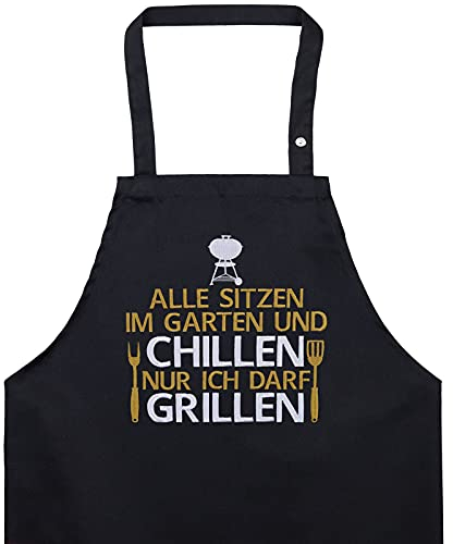 EXPRESS-STICKEREI BBQ Grillschürze - Lustige Kochschürze für Grillfans - Verstellbare Latzschürze für Männer/Frauen - Küchenschürze mit Spruch Alle sitzen im Garten und chillen - nur ich darf grillen
