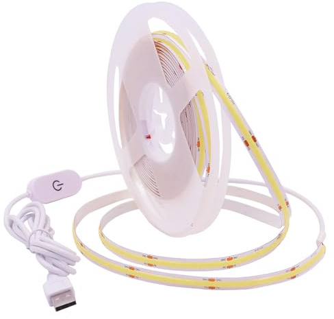 GQL Dimmable COB LED Strip with White Dimmer Switch, 5V USB Flexible Light Ribbon, Self-Adhesive Tape for Indoor Home Commercial Cupboard TV Backlight (Cold White, 2m)