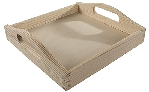 WooDeeDoo Bandeja cuadrada pequeña de madera para servir de 24 x 24 x 6,5 cm con asas curvadas, pino sin acabar, bandeja rústica para té, café o aperitivos para mesa, mesita de noche o decoración de