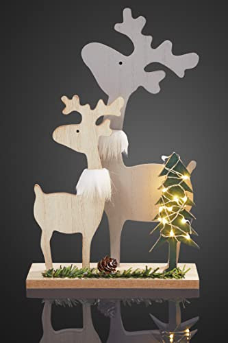 Hellum LED Holz-Rentier-Familie, mit 6h-Timer, 5 LED, warmweiß, batteriebetrieben (2x AA, nicht enthalten), innen IP20, Winterdecoration, Wohnzimmer, Dekoration, Weihnachtsdecoration, 524086
