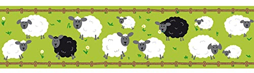 Kinderzimmer Bordüre mit Schafen selbstklebend | Tier Tapetenbordüre in Grün ideal für Babyzimmer | Vlies Kindertapete für Jungen und Mädchen