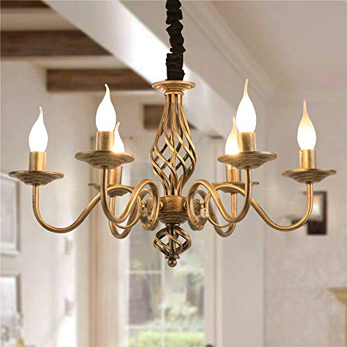 JIINOO Kronleuchter Traditioneller Country, Vintage Höhenverstellbarer Kerzenleuchter aus Schmiedeeisen Bronze, 6 Lichter Deckenlampe Klassische Pendelleuchte für Küche Esszimmer Wohnzimmer