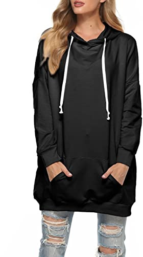 Famulily Damen Oversized Hoodie Kleid Baumwolle Lang Sweatshirt mit Kapuze Einfarbige Kapuzenpullover und Taschen und Kordelzug