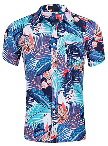 MANLUODANNI Herren Hawaiihemd Floral Kurzarm Freizeithemden Hawaii Beach Print Button Down Hemden für den Urlaub Blau Lila S