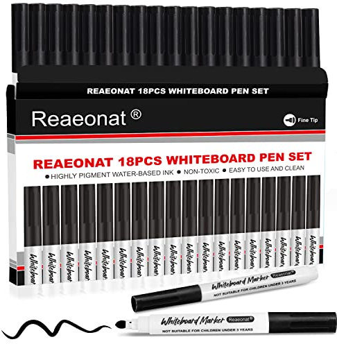 Reaeonat Black Whiteboard Markers, 18 Pack Dry Erase Fine Tip White Board Pens Ink Marker for Home, School & Office Uses