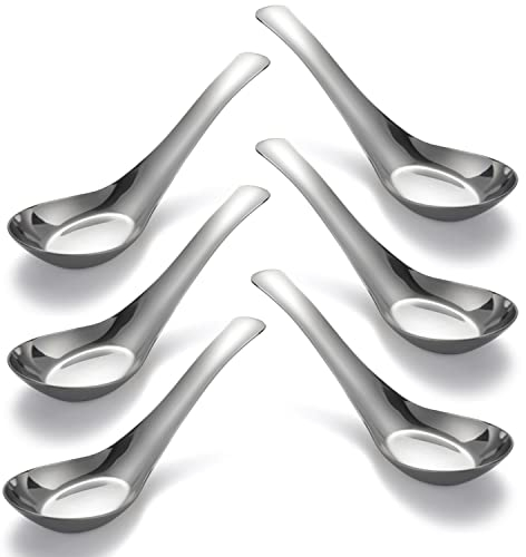 Soup Spoons Stainless Steel Dinner Spoons Set of 6 Chinese Soup Spoon Mirror Polished Asian Soup Spoons for Bouillon Dessert Cereal Thai Miso Ramen