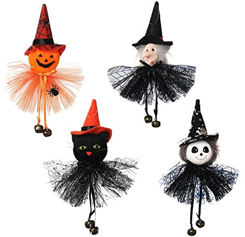 Wanlxc 4PCS Halloween Ornaments Small Hanging Ornaments Pumpkin Ghost Kitten Witch Tree Charms Haunted House Props Halloween Tree Decorations for Halloween Theme Party Decor