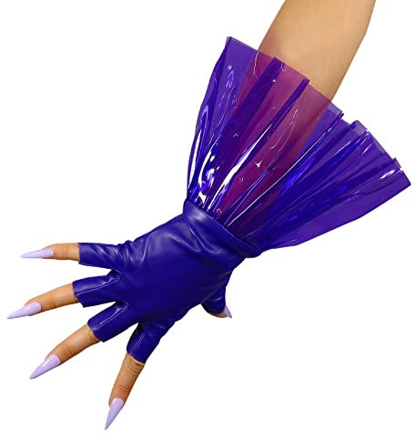 DooWay Guanti da donna in pelle senza dita in finta pelle di agnello PU lungo PVC con volant Trim polsino lungo 28 cm guanti per travestimento, Viola, M