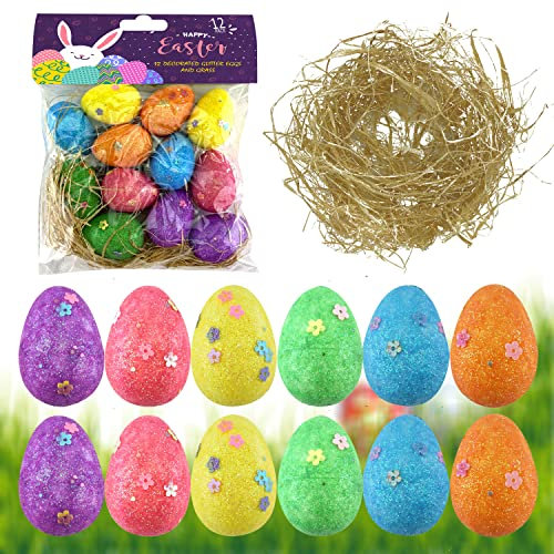HOVUK Ostereier mit Gras, bunte dekorative Eier und Bastgras für Korbfüller, Dekorationen, mehrfarbige Glitzer-Schaumstoff-Ostereier für Kinder, Kunst und Handwerk, 12 Stück