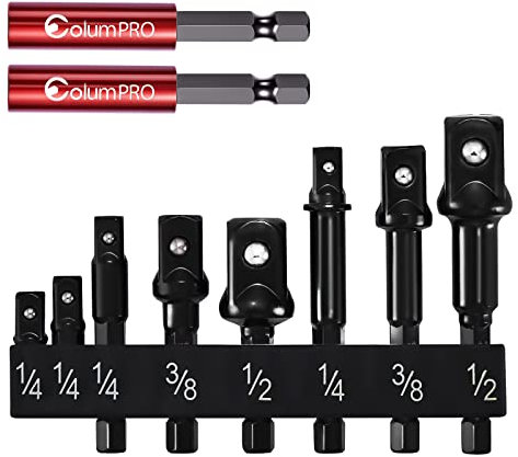 ColumPRO 10PCS Impact Grade Socket Adapter Set,1/4 3/8 1/2 Impact Driver Adapter,2PCS Bit Holder,with Storage Case,Size Clearly Marked,105° Right Angle Driver dapter,Impact Driver,Drill,Screwdriver