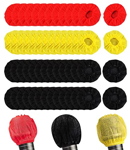 FENGCHUANG 100 Pcs Disposable Microphone Covers Mic, Cover Protective Cap Non-Woven Windscreen Mics Suitable for Most Portable Microphones for Karaoke, Concert, Karaoke Recording (Black, Yellow, Red)