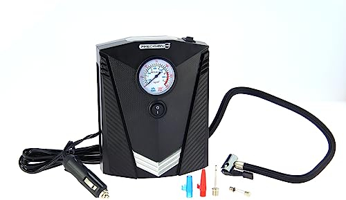 PRECISION STEEL Mini Compresor de 12 V, 8 bares, Puntas Presta, Schrader, Aguja, Negro