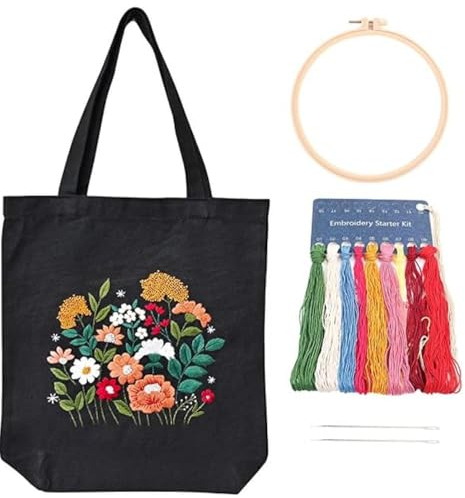 Teaque Canvas Tote Bag Stickset mit Muster und Anleitung,Kreuzstich Kit mit Blumenmuster mit Stickerei Tasche Stickrahmen Farbfäden und Anleitungen für Erwachsene Anfänger(Schwarze)