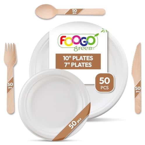 FOOGO Green 250pcs Disposable Sugarcane Fibre Strong Paper Plates and Wooden Cutlery Set, FSC® Certified, 50x Large Round, 50x Small Plates, 50x Forks, 50x Knives, 50x Spoons