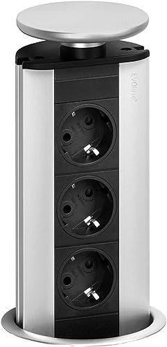 EVOline Port Cuisine | versenkbare Steckdose 3fach | Powerport mit silbernem Wippdeckel | Tischsteckdose zum Einbau in die Arbeitsplatte mit Dichtungsring