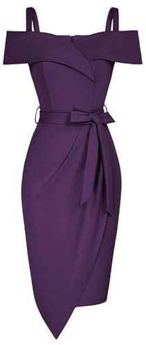 JASAMBAC Robe moulante à volants pour femme - Col en V - Épaules dénudées - Pour cocktail, mariage, lanières violettes, XXL