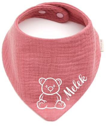 Personalisiertes Dreieckshalstuch aus Baumwolle/Musselin | Teddybär mit Namen | Halstuch für Jungen, Mädchen | Viele Farben (Altrosa)