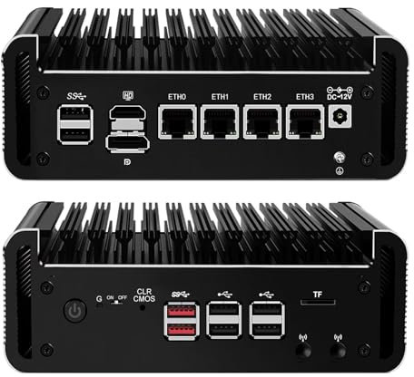 PeeliCeeli N100 Mini PC Firewall Support Windows OPNsense, Fanless Micro Ordinateur DDR5 16 GB RAM 256 GB NVMe SSD N100 12th Gen Routeur PC, 4 x 2.5GbE I226V LAN, 4K, AES-NI, TF Port
