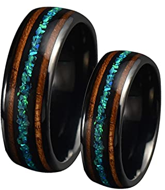 Verlobungsringe Titan mit Gravur, Eheringe Für Sie Und Ihn 8mm Schwarz Ring Einlegen Opal und Holz Damen 54 (17.2) + Herren 57 (18.1)