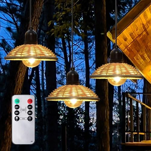 3er Außen Hängelampe Hängeleuchte mit Batterie Fernbedienung Batteriebetriebene Lampe Boho Rattan Φ25cm Lampenschirm Pendelleuchte ohne Strom Stromanschluss - IP67 Wasserdicht Outdoor Beleuchtung
