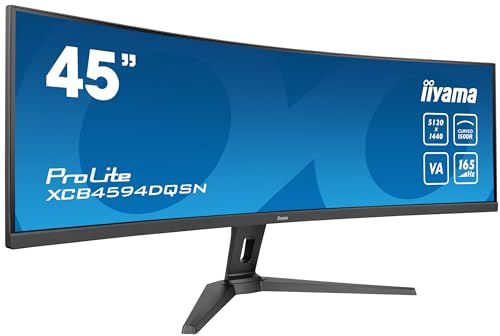 iiyama XCB4594DQSN-B1 45 inch Curved 1500R VA,165Hz, USB-C Dock Display, 90W Charging,1ms, Ultra Wide 5120x1440 (DQHD), RJ45/2x HDM/1 x DP/1 x USB-C, 3 x USB 3.2, KVM Switch Height Adjustable Stand