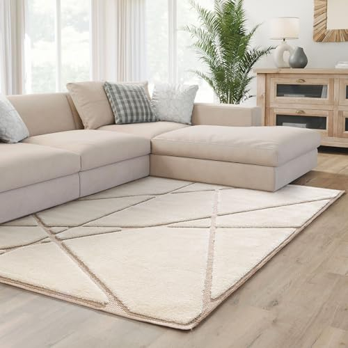 Interiyou Teppich Verona - 200x300 cm Creme/Beige - Hochflor mit 3D-Effekt - geometrische Muster - Indoor - Pflegeleicht