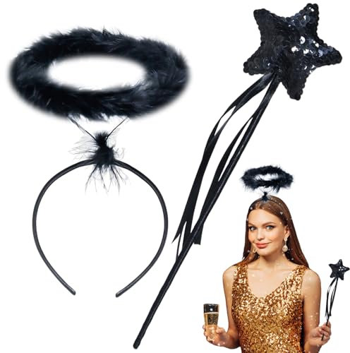 ROSAUI Heiligenschein schwarz und Zauberstab, Engels Kostüm Accessoire für Damen, Engelskostüm Haarschmuck Accessoire für Halloween, Weihnachten, Karneval & Faschinn, Halloween Horn Headband