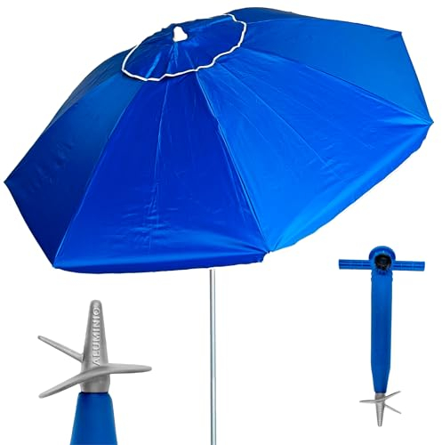 Pincho Ombrellone da spiaggia grande Ø200 cm, antivento, protezione UV 50, materiali di qualità, tubo di alluminio, aste in fibra di vetro, bastone reclinabile, include spiedino con punta in ALU, blu,
