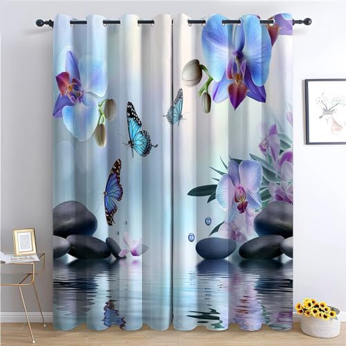 Gardinen Blaue Orchideen und Schmetterlinge 2 Stück Verdunklungsvorhänge Mit Ösen Vorhänge Blickdicht Kälte- Und Wärmeisolierung H 160 x B 70 cm Vorhang Balkon Schlafzimmer Badezimmer Vorhänge