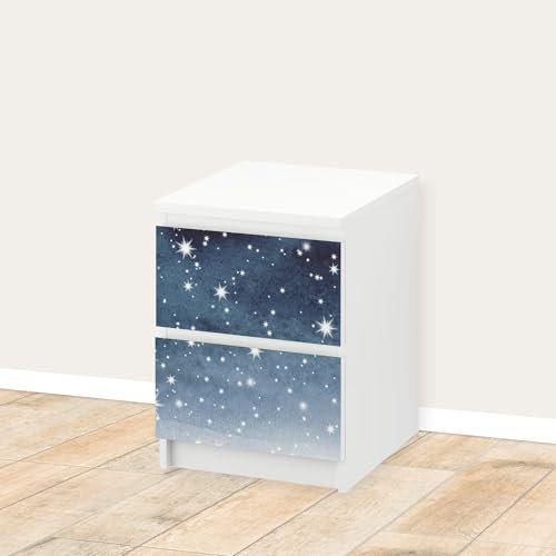 Unik Nordic Aufkleber Set Aquarell Sterne für MALM Kommode mit 40 cm Schrankbreite, 2 Schubladen-Folien, Sticker für Schrank, Möbelfolie fürs Kinderzimmer, Schrankfolie für Kinder