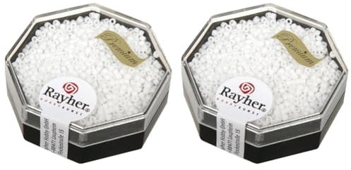 Rayher 14764100 Delica-Rocailles, 1,6 mm Durchmesser, Dose 6 g, schneeweiß (Packung mit 2)