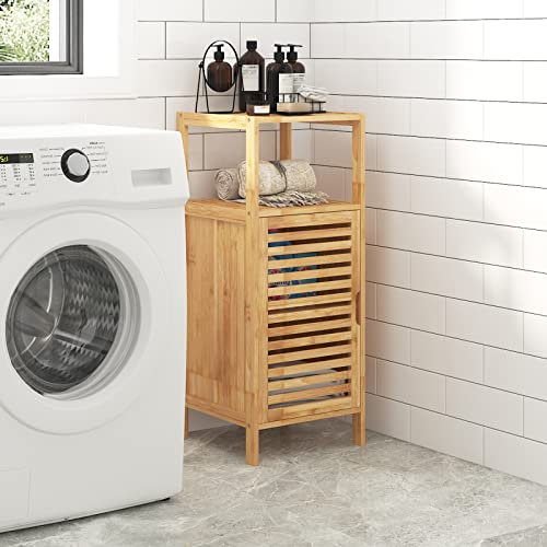 SogesPower Armoire de Rangement en Bambou pour Salle de Bain, Meuble de Rangement Autonome avec Porte à volet, Table d'appoint pour Salon, Cuisine