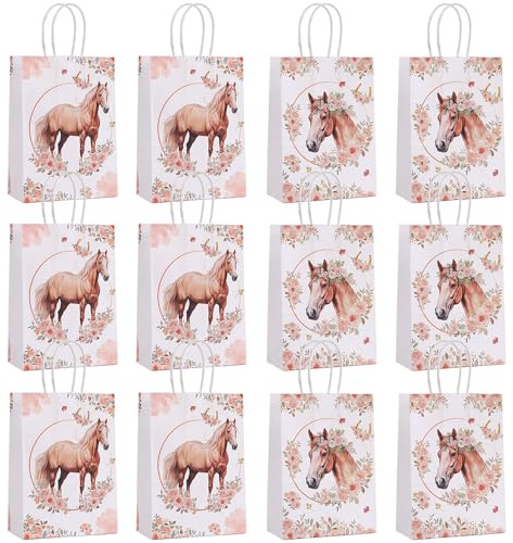 12 Stück Pferde-Geschenktüten, Pferde-Partytüten, Pferde-Geburtstags-Partytüten, Geschenktüten mit Namensschildern, passend zum Pferde-Thema, 21 x 15 x 8 cm