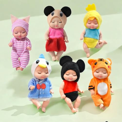 SQAQS 6 Stück Mini Reborn Puppen mit süßen Tierkleidern, 4.3 Zoll Babypuppe für Mädchen, Kleinkinder und Kinder, Newborn Reborn Baby, Realistische Babypuppe, Waschbares (Animation)