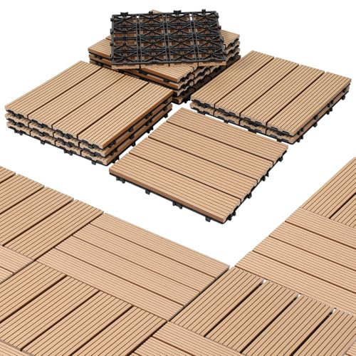 Eulenke WPC Terrassenfliesen 11 Stück, 30x30 cm Terrassendielen für Balkon Boden, Klickfliesen, Balkonfliesen in Holzoptik, Bodenbelag Wetterfest für Terrasse, für 1 m², Teak