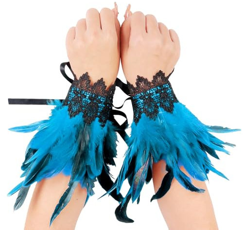 2 Pcs Gothic Feder Manschetten Rabe Hexe Priesterin Kostüm gefärbte Hahnfeder Armbänder mit Druckknopfverschluss Party Karneval Cosplay Dekorative Federärmel für karneval, Gotische Kleiderparty