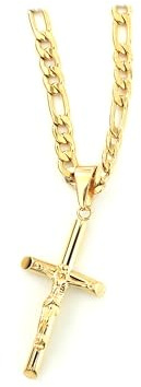 LIFETIME BLING 18K Figaro Gold Cross Crucifix Necklace Pendant Charm with 3MM Rope Chain Gift for Men Women Husband Wife Baptism Religious w/real strong Solid Clasp Fashion Jewelry