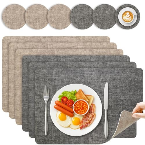 Niviy Placemats and Coasters Set of 6 - Reversible Faux Leather Heat-Resistant Table Mats, 43x30cm Waterproof Placemats for Indoor/Outdoor Use, Washable Dining Mats for Home & Restaurant (Grey)