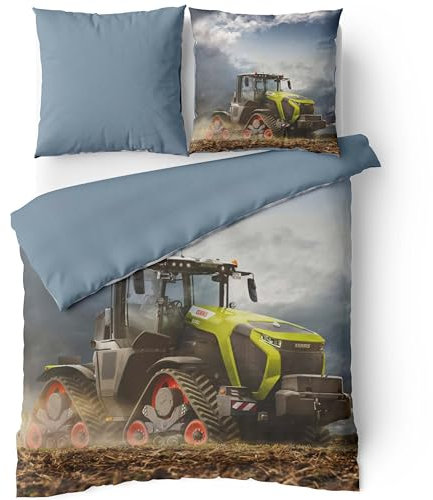 LINKHOFF Claas XERION Bettwäsche 135x200 2-TLG - Terra TRAC Bettwäsche-Set Blau mit Traktor Motiv - Kinderbettwäsche - Biber Bettwäsche für Jungen - 100% Baumwolle, Mit Reißverschluss