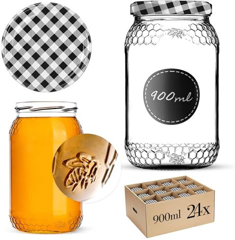KADAX Lot de 24 bocaux à miel, 900 ml, avec couvercle à visser fi82 mm, pour miel, pots à confiture, bocaux à vis, noirs à carreaux