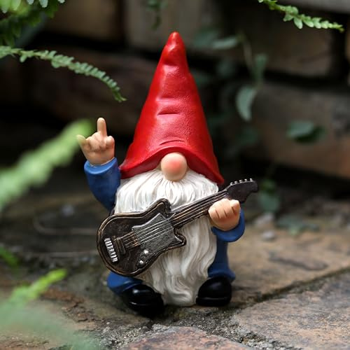WSHMZYHOME Garden Gnome with Guitar 7.1“ Figurine Ornament for Indoor Outdoor Home Patio Yard Lawn, Red Hat, Blue Outfit, Indoor Outdoor Decorative Statue