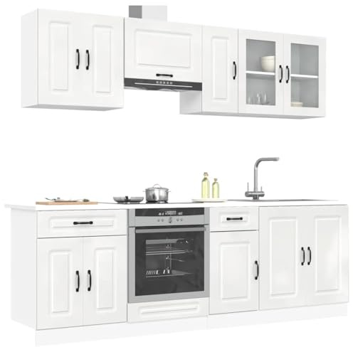Emmtore 8-TLG.Küchenschrank-Set Holzwerkstoff, Küchenzeile Einbauküche, Schrank-Set, Unterschrank, Küchenschrank, Hängeschrank,Hochglanz-Weiß