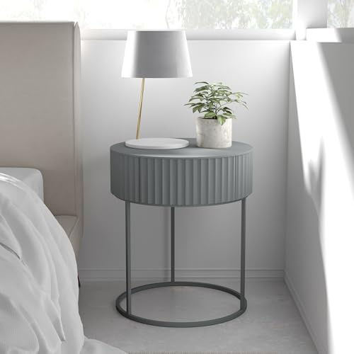 [en.casa] Beistelltisch rund Rill mit Schublade Wohnzimmertisch gerillt 46 x Ø40 cm Nachttisch Sofatisch Flur Metallgestell Grau