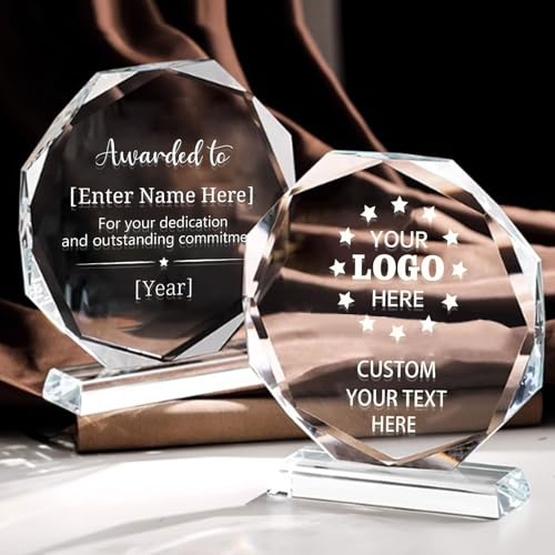 custyoulife Personalisierte Kristall Trophäe mit Gravur – Individuelle Award Glastrophäe (8-20 cm Durchmesser) mit Logo & Text für Mitarbeiterauszeichnung, A Firmenjubil