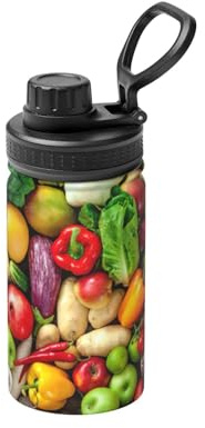 Isolierte doppelwandige Edelstahl-Wasserflasche für kalte und heiße Getränke, 340 ml, mit Aufdruck Fresh Fruits and Vegetables