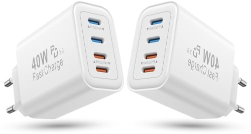 40W Ladegerät USB C Mehrfach, 2Pack 4 Port USBC Stecker Netzteil Ladeadapter Adapter Kompatibel mit iPhone 17 16 15 14 13 12 11 Pro Max SE XS XR X 8 7 Plus, iPad, Samsung Schnellladegerät Steckdose