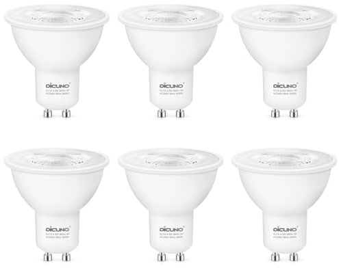 DiCUNO Bombillas LED GU10, 4.5W Equiv. 40W, 3000K, 380lm, Pack de 6 | Blanco cálido, No regulable, Focos LED GU10 230V, Ángulo de haz 38° , Bombilla reflectora para cocina, baño y pasillo